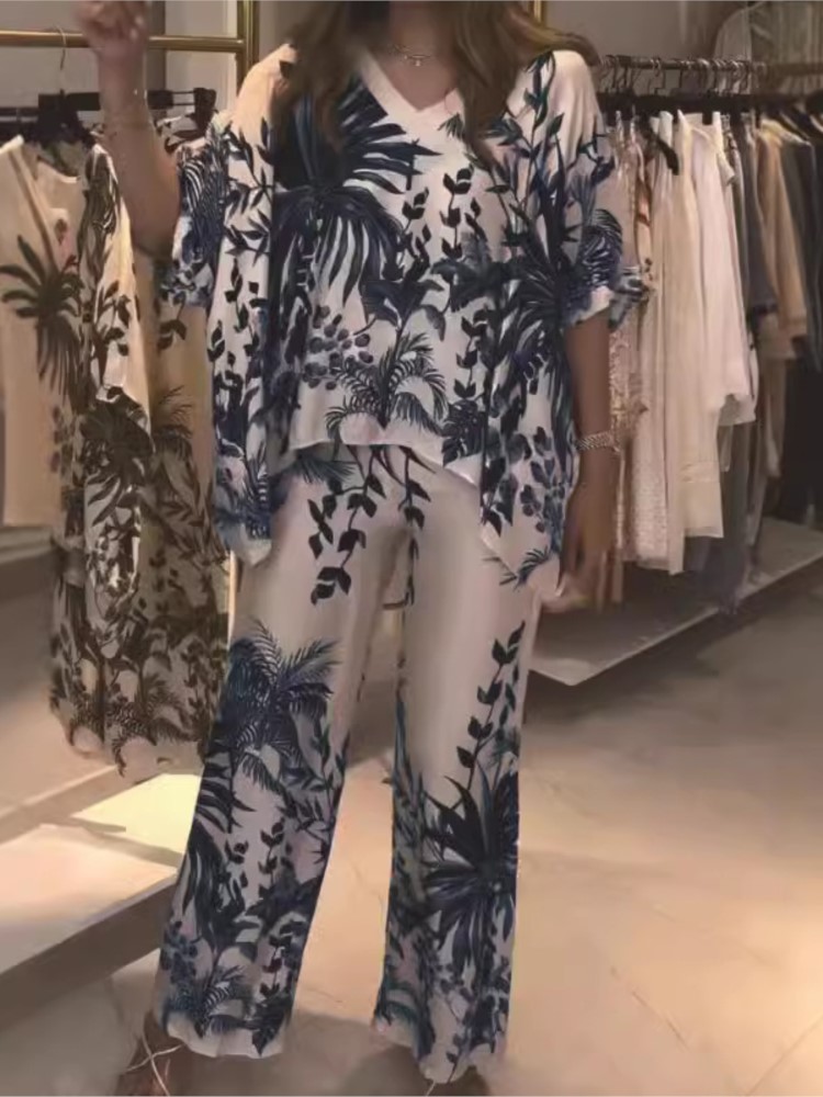 Romper Floral Print - 女性のためのエレガントな2ピースのオフィススーツ,十分なプリント,Vネック,半袖トップス,ワイドレッグパンツ,レディースファッション,2024