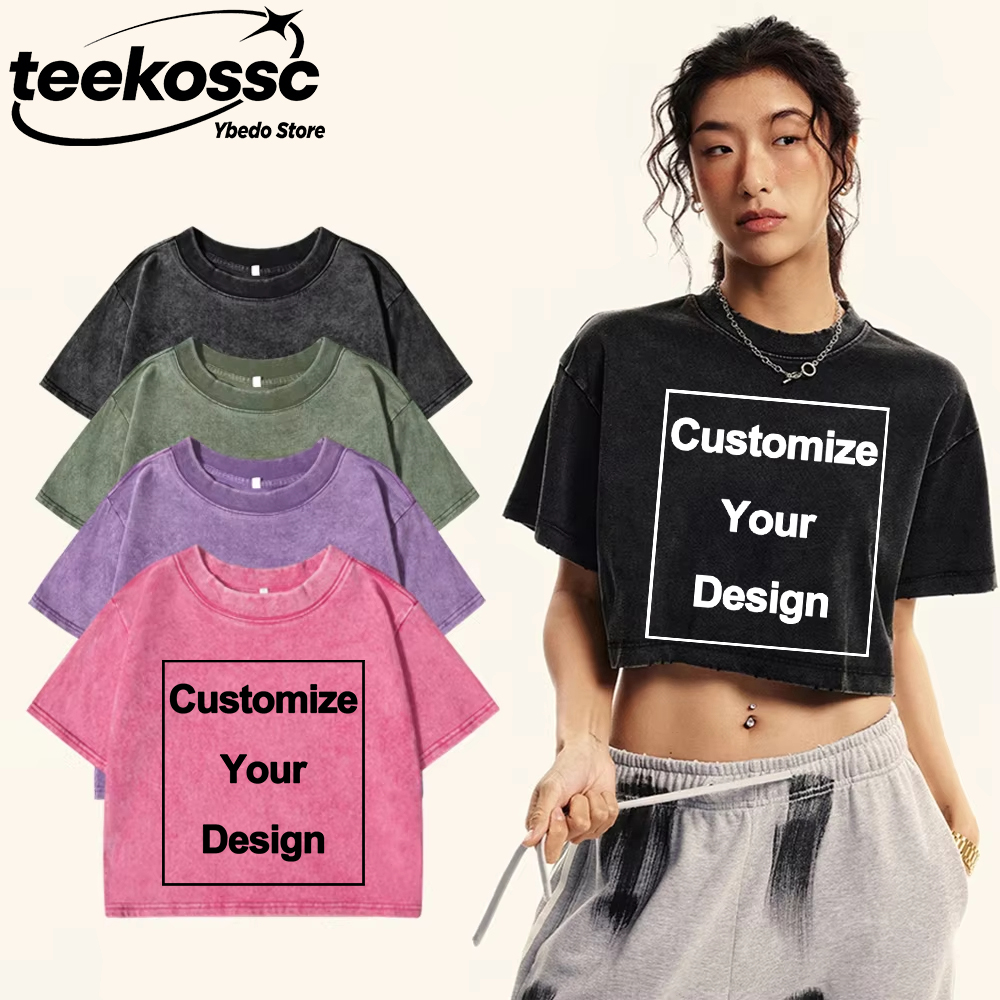 Crop Top Crochet - Y2k カスタムソリッドウォッシュ Tシャツ綿レディース夏 O ネッククロップトップス DIY