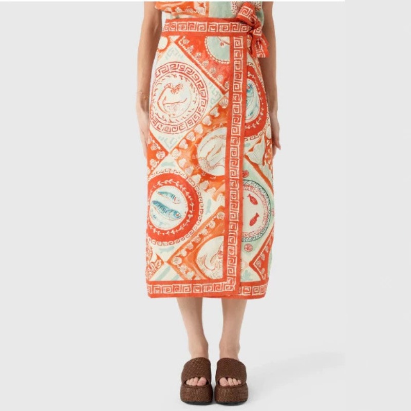 新作、女性向け、ユニークなオリジナル柄のリネンプリント2点セ - Midi Skirt Floral のレビューと価格