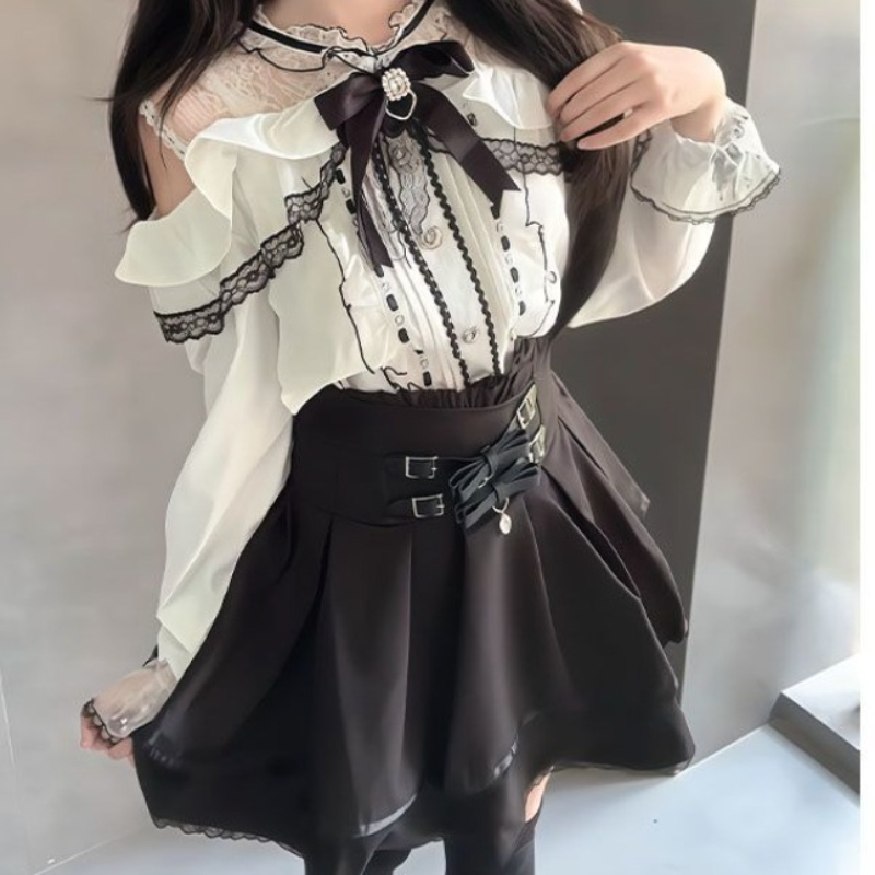 日本のゴシックY2Kロリータスタイルセット 女性用スイートレ - Blouse Off Shoulder のレビューと価格