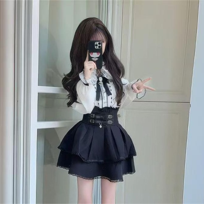 日本のゴシックY2Kロリータスタイルセット 女性用スイートレ - Blouse Off Shoulder のレビューと価格