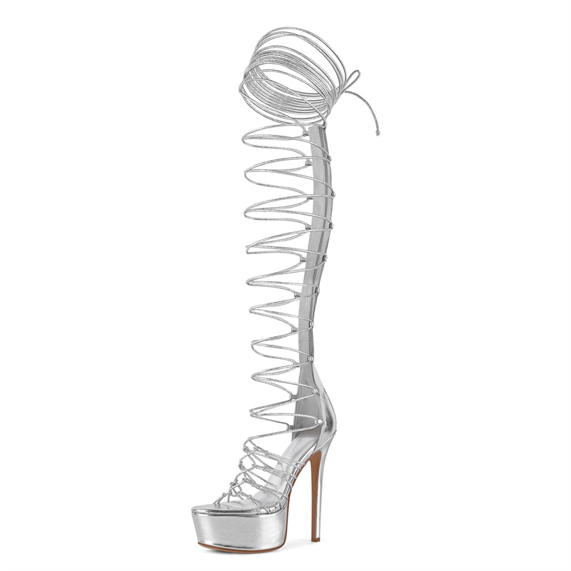Onlymaker シルバーのオープントゥ、レースアップ、太 - Sandal Strappy Heeled のレビューと価格