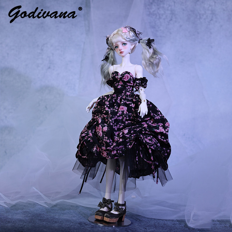 1/4 BJDドール用ドレス。黒地にピンクの花柄が描かれたロ - Midi Skirt Floral のレビューと価格
