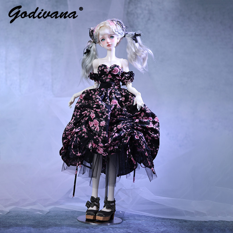1/4 BJDドール用ドレス。黒地にピンクの花柄が描かれたロ - Midi Skirt Floral のレビューと価格